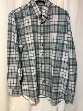Men's Plaid Button-Down Shirt — Gray and White #2350